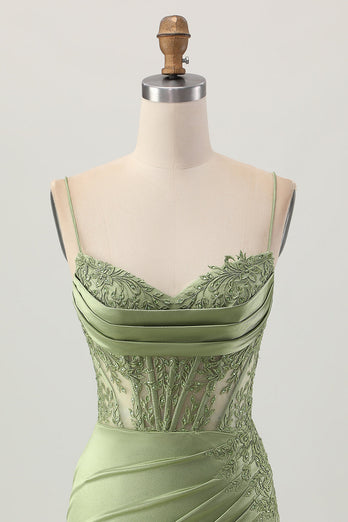 Sage Green Corset Tight Satin Short Prom Dress with Lace