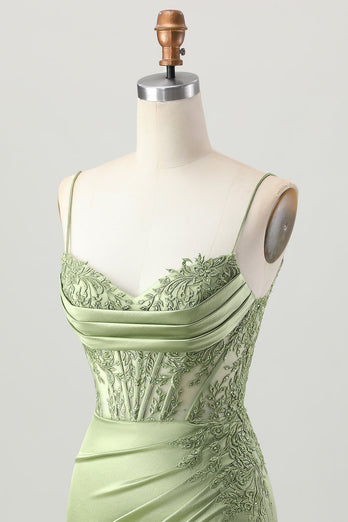 Sage Green Corset Tight Satin Short Prom Dress with Lace