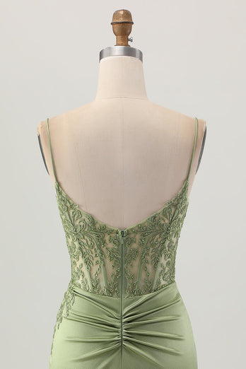 Sage Green Corset Tight Satin Short Prom Dress with Lace