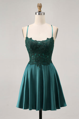 Sparkly Dark Green Satin Appliqued Short Corset Prom Dress