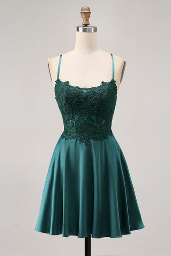 Sparkly Dark Green Satin Appliqued Short Corset Prom Dress