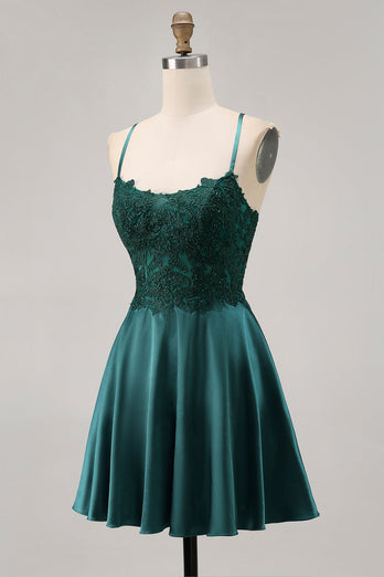Sparkly Dark Green Satin Appliqued Short Corset Prom Dress