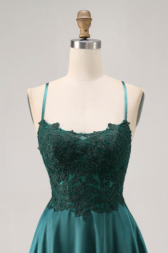 Sparkly Dark Green Satin Appliqued Short Corset Prom Dress