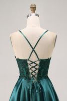 Load image into Gallery viewer, Sparkly Dark Green Satin Appliqued Short Corset Prom Dress