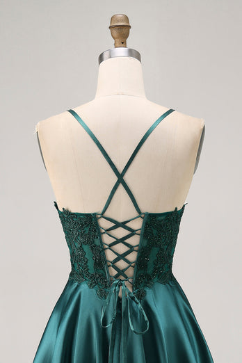Sparkly Dark Green Satin Appliqued Short Corset Prom Dress