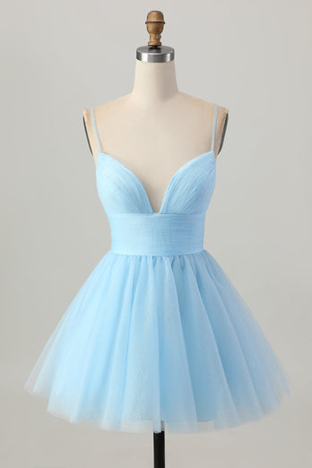 Sky Blue Spaghetti Straps A Line Short Prom Dress