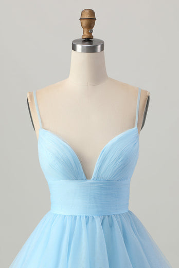 Sky Blue Spaghetti Straps A Line Short Prom Dress
