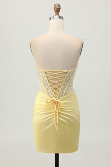 Yellow Strapless Tight Short Corset Prom Dress with Lace