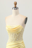 Load image into Gallery viewer, Yellow Strapless Tight Short Corset Prom Dress with Lace