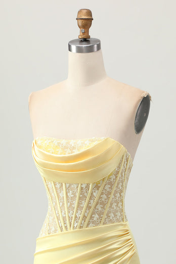 Yellow Strapless Tight Short Corset Prom Dress with Lace