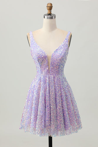 Sparkly Lilac V-Neck Sequin Short Prom Dress