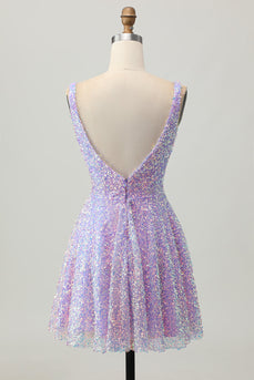 Sparkly Lilac V-Neck Sequin Short Prom Dress