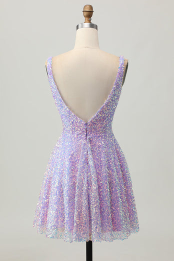 Sparkly Lilac V-Neck Sequin Short Prom Dress