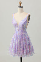 Load image into Gallery viewer, Sparkly Lilac V-Neck Sequin Short Prom Dress