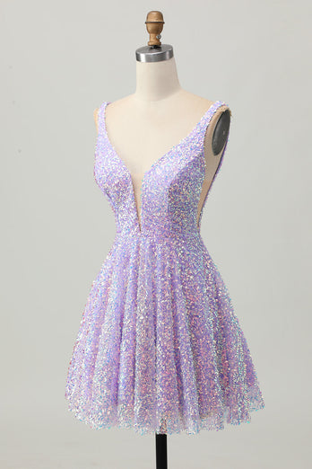 Sparkly Lilac V-Neck Sequin Short Prom Dress