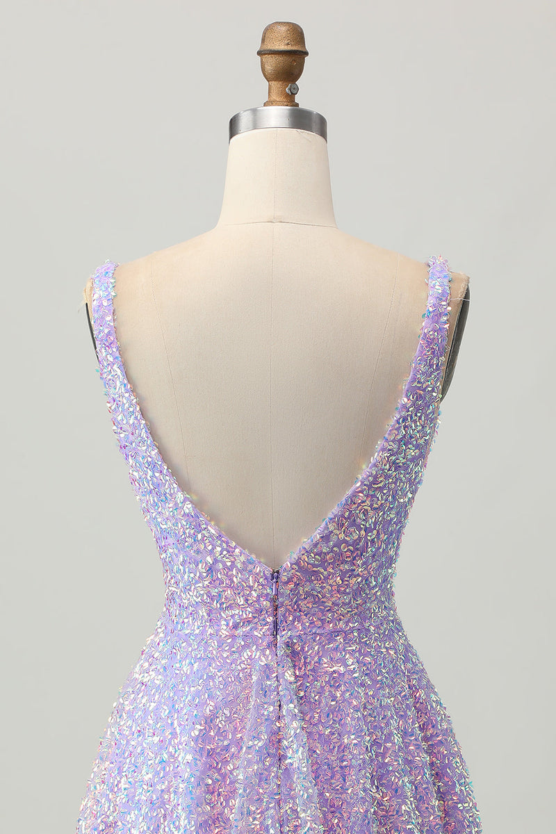 Load image into Gallery viewer, Sparkly Lilac V-Neck Sequin Short Prom Dress