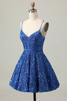 Load image into Gallery viewer, Sparkly Dark Blue Sequin A Line Short Corset Prom Dress