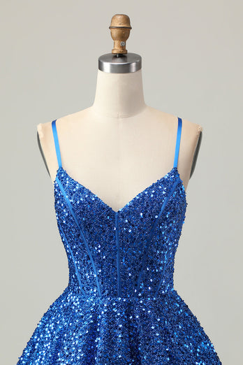 Sparkly Dark Blue Sequin A Line Short Corset Prom Dress
