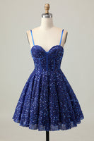 Load image into Gallery viewer, Sparkly Dark Blue Corset Sequin A Line Short Prom Dress
