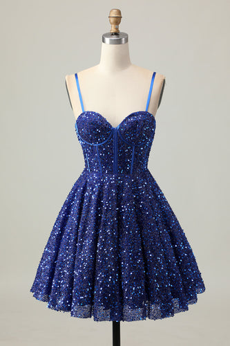 Sparkly Dark Blue Corset Sequin A Line Short Prom Dress