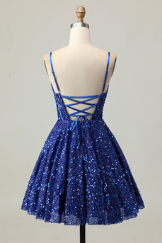 Sparkly Dark Blue Corset Sequin A Line Short Prom Dress