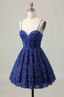 Load image into Gallery viewer, Sparkly Dark Blue Corset Sequin A Line Short Prom Dress