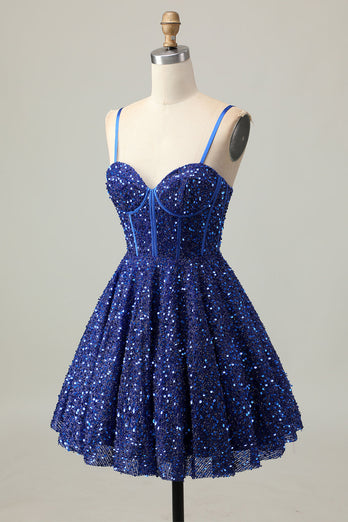 Sparkly Dark Blue Corset Sequin A Line Short Prom Dress