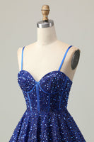 Load image into Gallery viewer, Sparkly Dark Blue Corset Sequin A Line Short Prom Dress