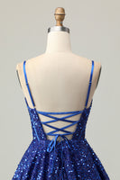 Load image into Gallery viewer, Sparkly Dark Blue Corset Sequin A Line Short Prom Dress