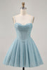 Load image into Gallery viewer, Grey Blue A Line Corset Spaghetti Straps Short Prom Dress
