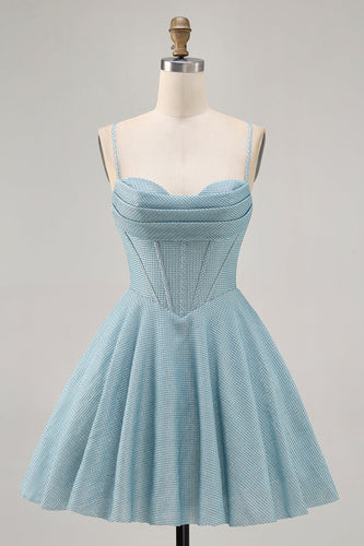 Grey Blue A Line Corset Spaghetti Straps Short Prom Dress