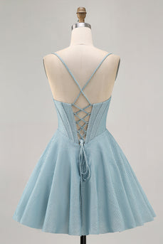 Grey Blue A Line Corset Spaghetti Straps Short Prom Dress