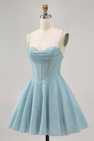 Load image into Gallery viewer, Grey Blue A Line Corset Spaghetti Straps Short Prom Dress