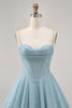 Load image into Gallery viewer, Grey Blue A Line Corset Spaghetti Straps Short Prom Dress