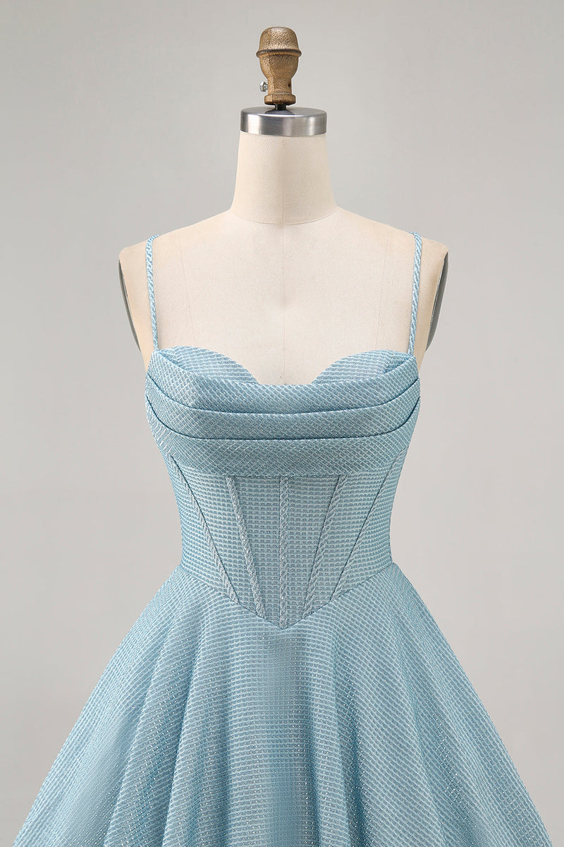 Load image into Gallery viewer, Grey Blue A Line Corset Spaghetti Straps Short Prom Dress