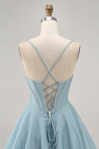 Grey Blue A Line Corset Spaghetti Straps Short Prom Dress