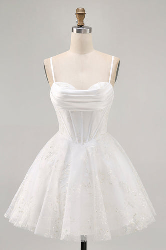 White Spaghetti Straps Corset Short Prom Dress with Lace