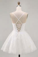 Load image into Gallery viewer, White Spaghetti Straps Corset Short Prom Dress with Lace