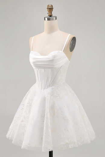 White Spaghetti Straps Corset Short Prom Dress with Lace