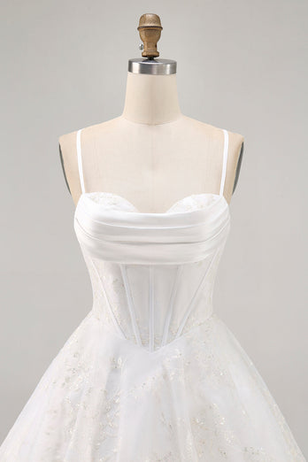 White Spaghetti Straps Corset Short Prom Dress with Lace
