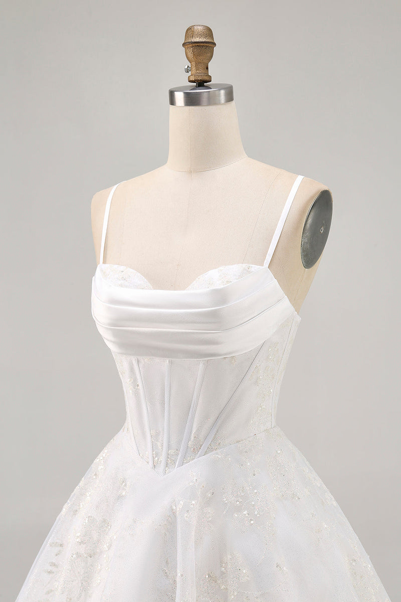 Load image into Gallery viewer, White Spaghetti Straps Corset Short Prom Dress with Lace