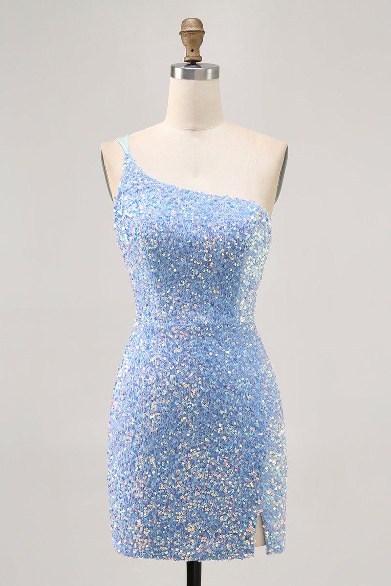 Load image into Gallery viewer, Sparkly Blue One Shoulder Sequins Short Prom Dress