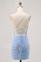 Load image into Gallery viewer, Sparkly Blue One Shoulder Sequins Short Prom Dress