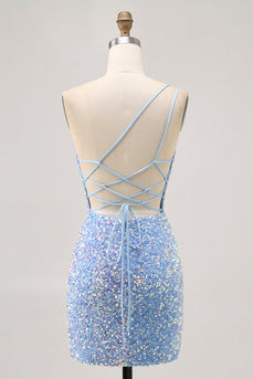 Sparkly Blue One Shoulder Sequins Short Prom Dress