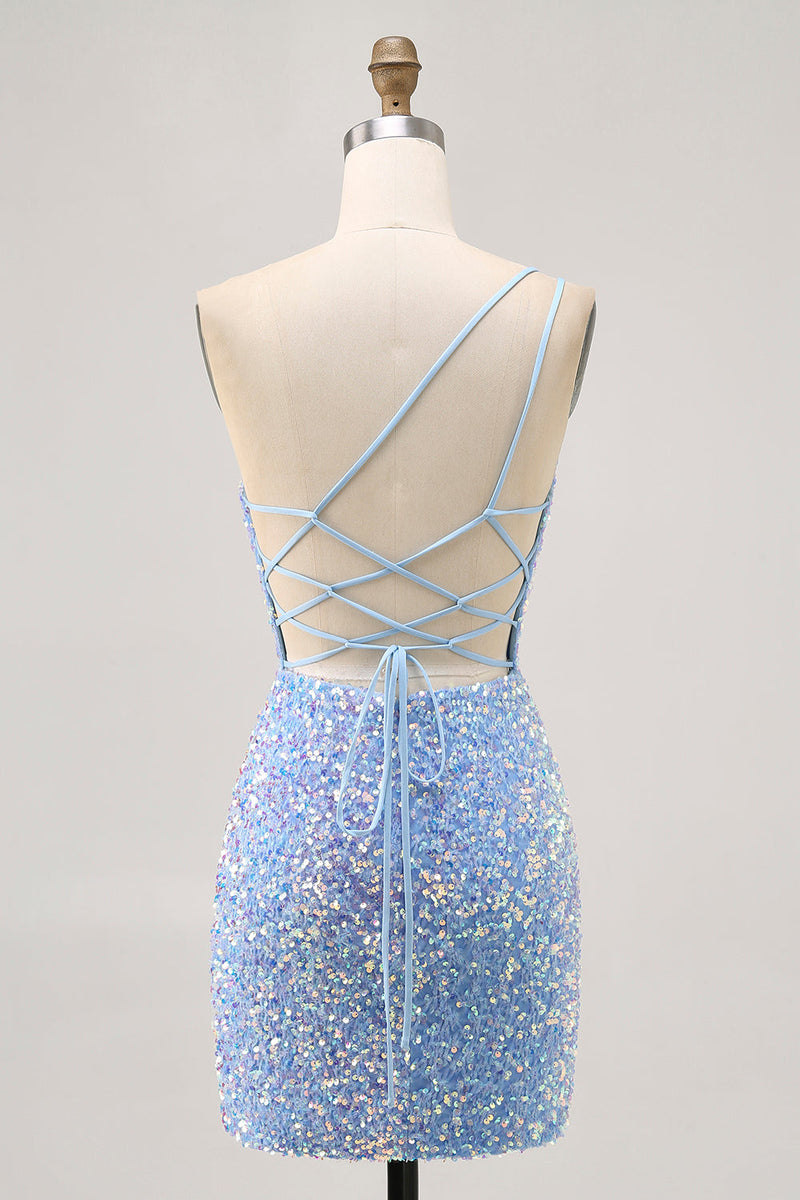 Load image into Gallery viewer, Sparkly Blue One Shoulder Sequins Short Prom Dress