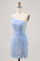 Load image into Gallery viewer, Sparkly Blue One Shoulder Sequins Short Prom Dress