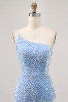 Load image into Gallery viewer, Sparkly Blue One Shoulder Sequins Short Prom Dress
