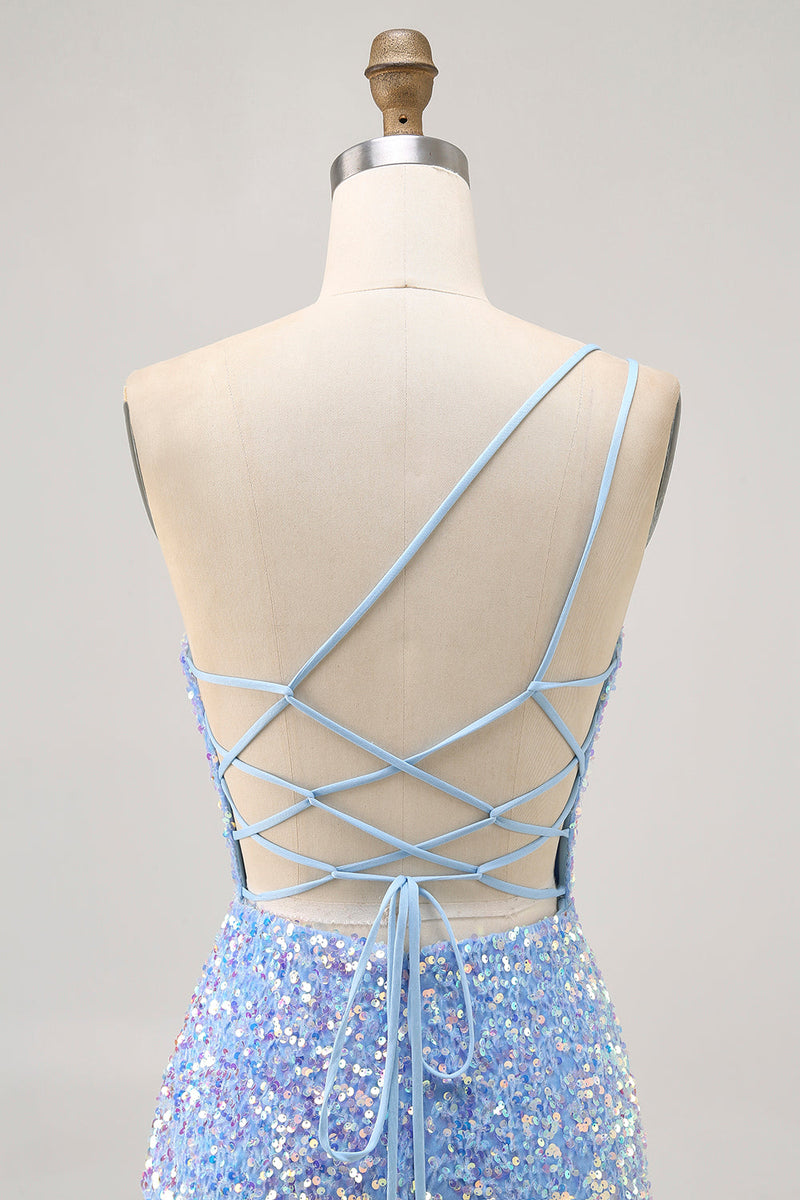 Load image into Gallery viewer, Sparkly Blue One Shoulder Sequins Short Prom Dress