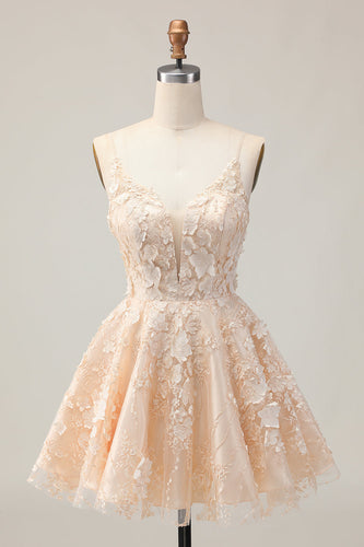 Apricot A Line Floral Spaghetti Straps Short Prom Dress
