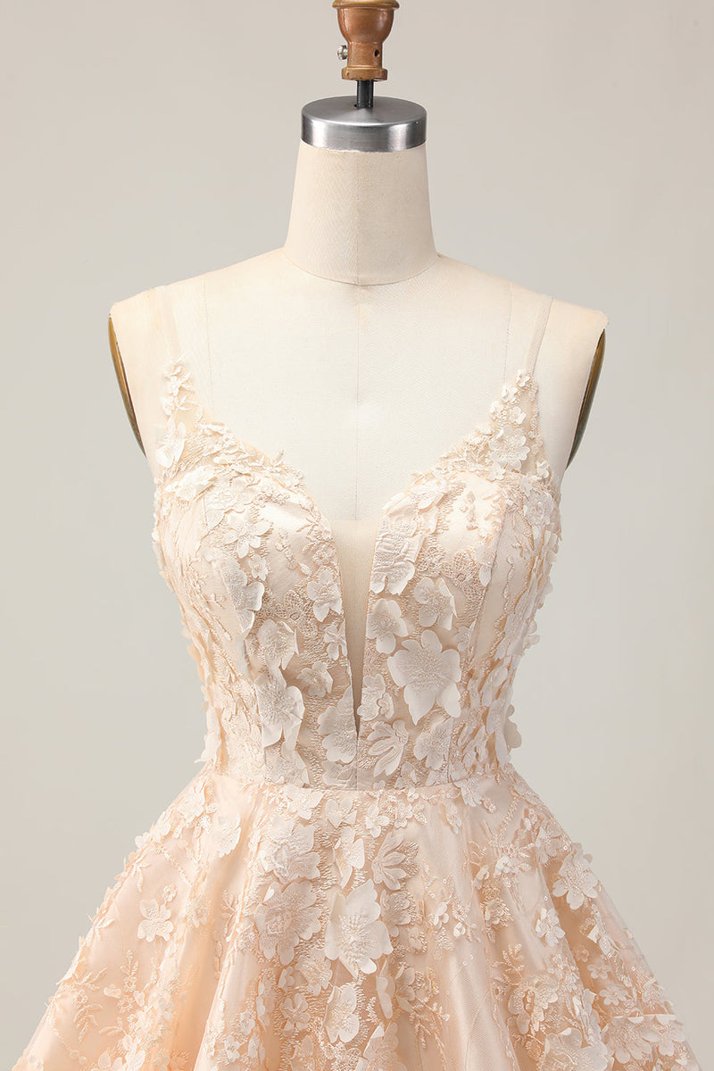 Load image into Gallery viewer, Apricot A Line Floral Spaghetti Straps Short Prom Dress